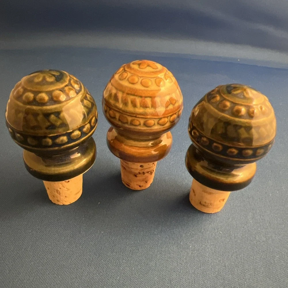Set of 3 Vintage Ceramic/Porcelain Bottle Stoppers Blue And Sand Colors